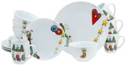 Weihnachtliches Porzellan-Geschirrset mit Tellern, Schalen und Tassen, dekoriert mit Herzen, Sternen und Strümpfen; Studioaufnahme in schräger Vorderansicht.