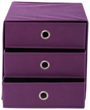 Lila Stoffbox mit drei Schubfächern, frontal betrachtet