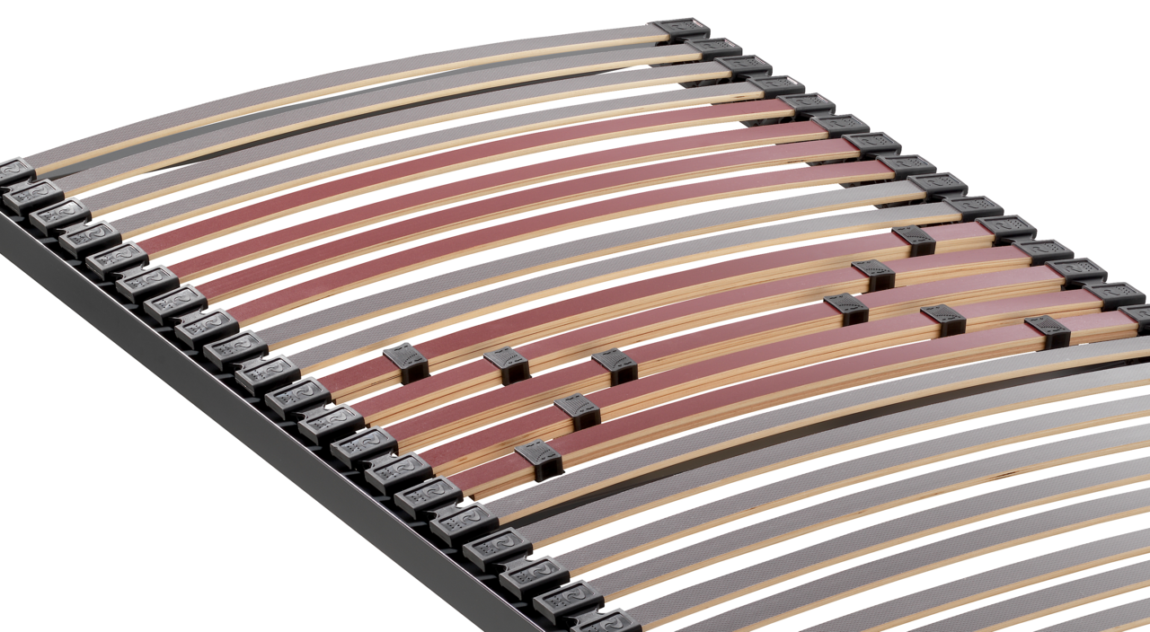 Federholzrahmen Fit S in seitlicher Perspektive mit elastischen Holzlatten und schwarzen Halterungen.