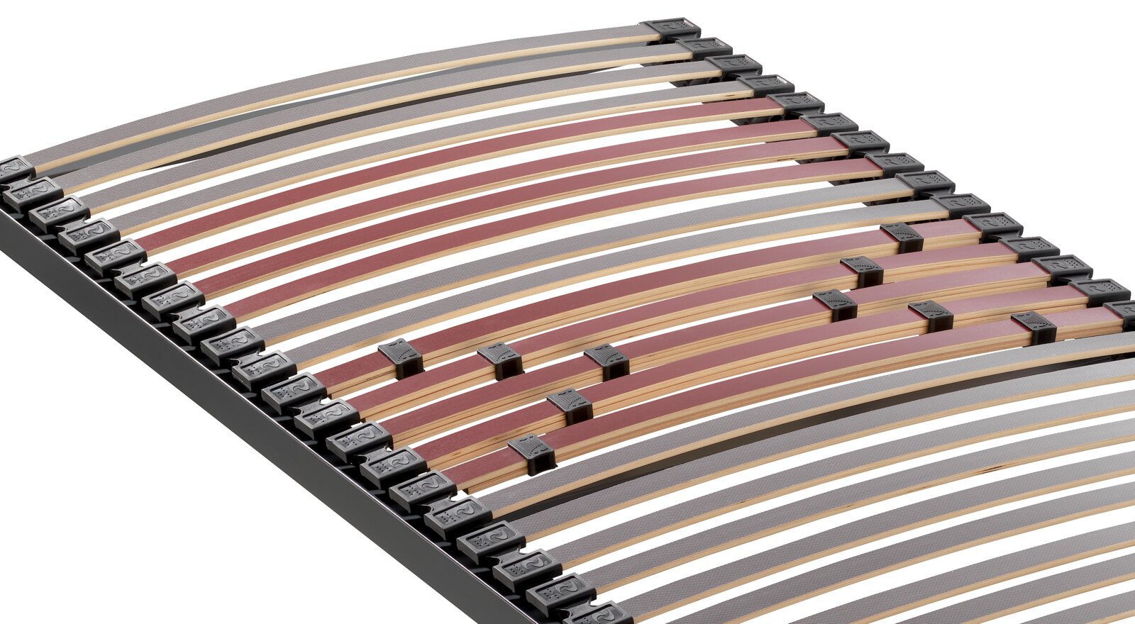 Federholzrahmen Fit S in seitlicher Perspektive mit elastischen Holzlatten und schwarzen Halterungen.