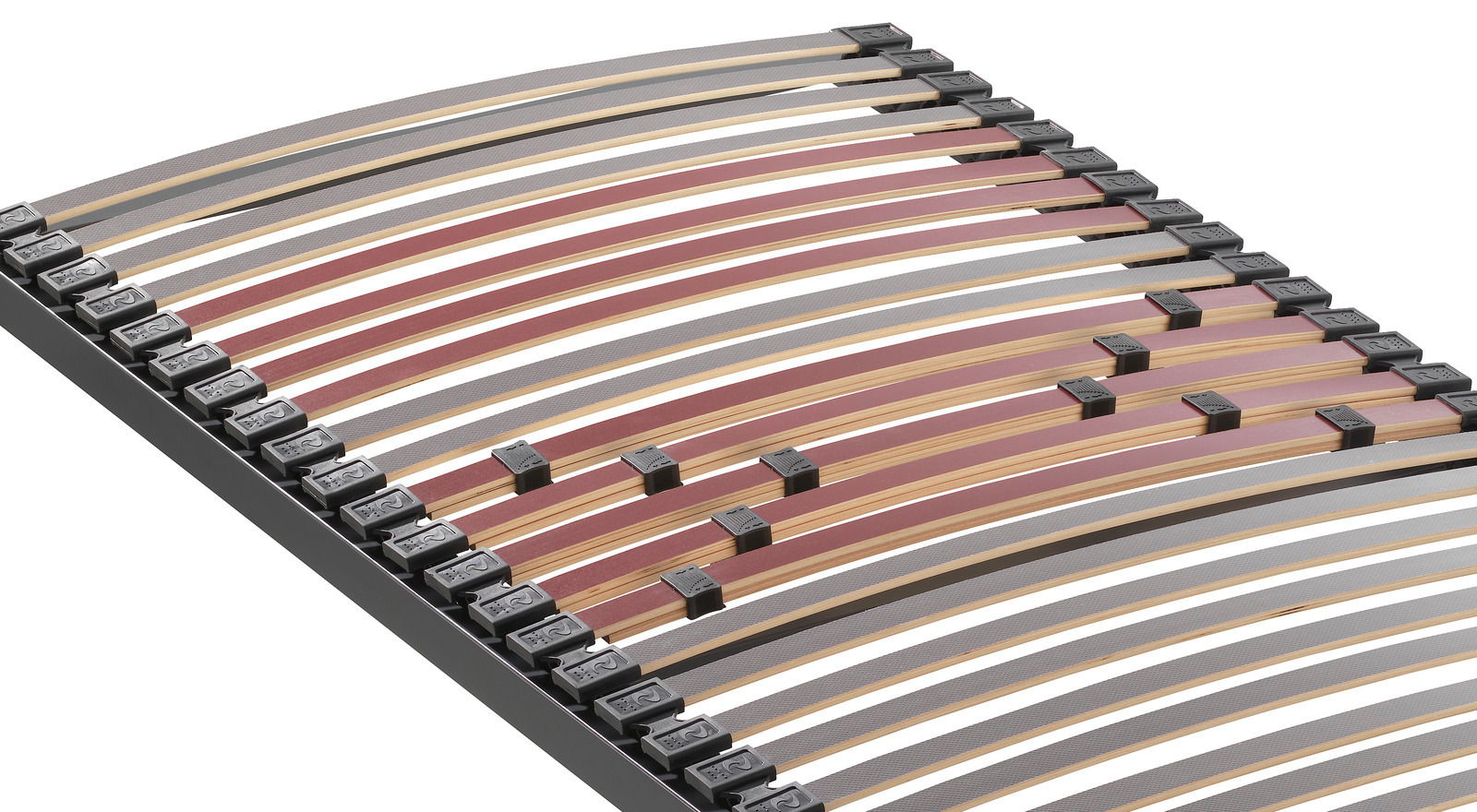 Dieter Knoll Federholzrahmen Fit S TOPFORM Federholzrahmen Fit S in seitlicher Perspektive mit elastischen Holzlatten und schwarzen Halterungen.