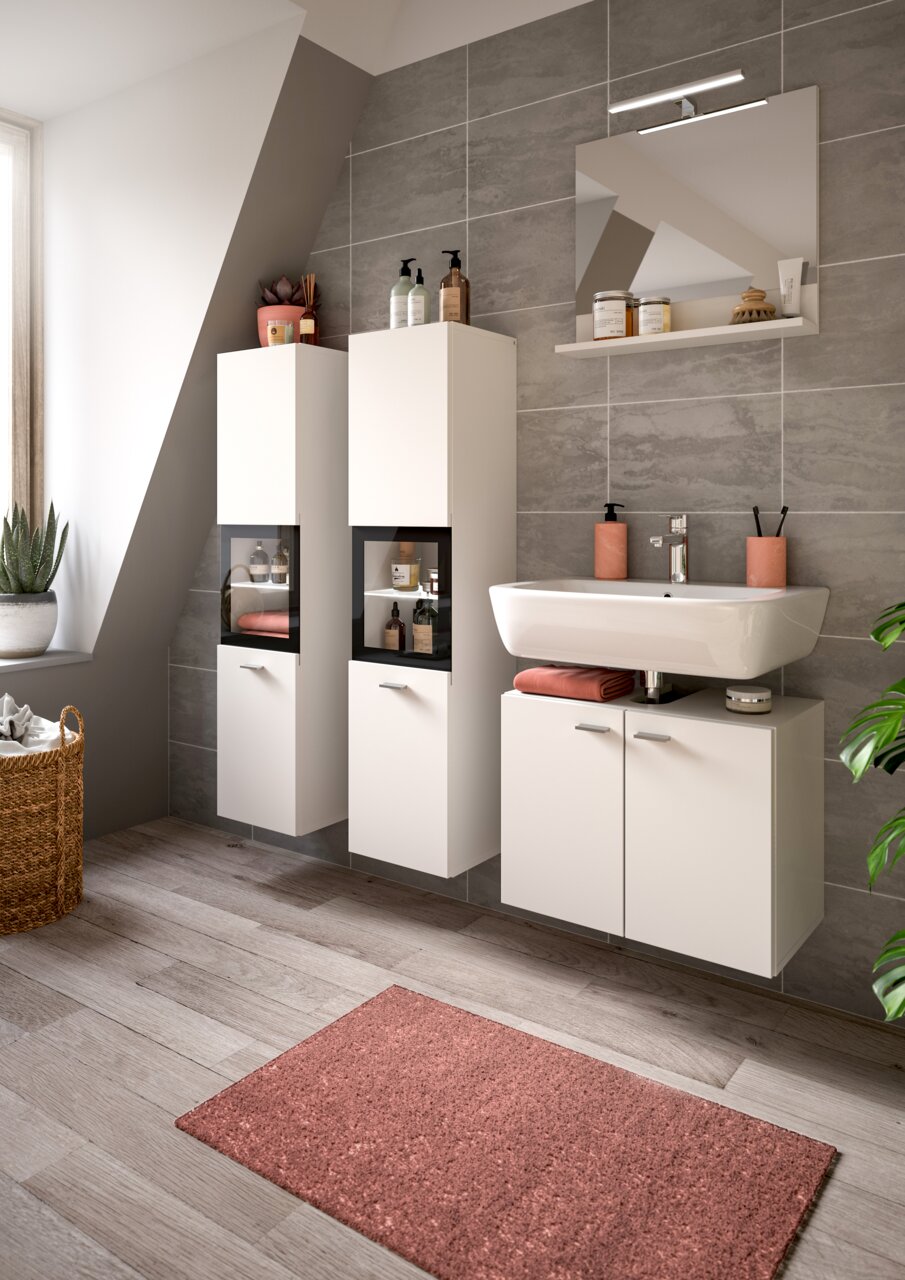 Moderner Badschrank BOSTON in einem stilvollen Badezimmer, seitliche Perspektive