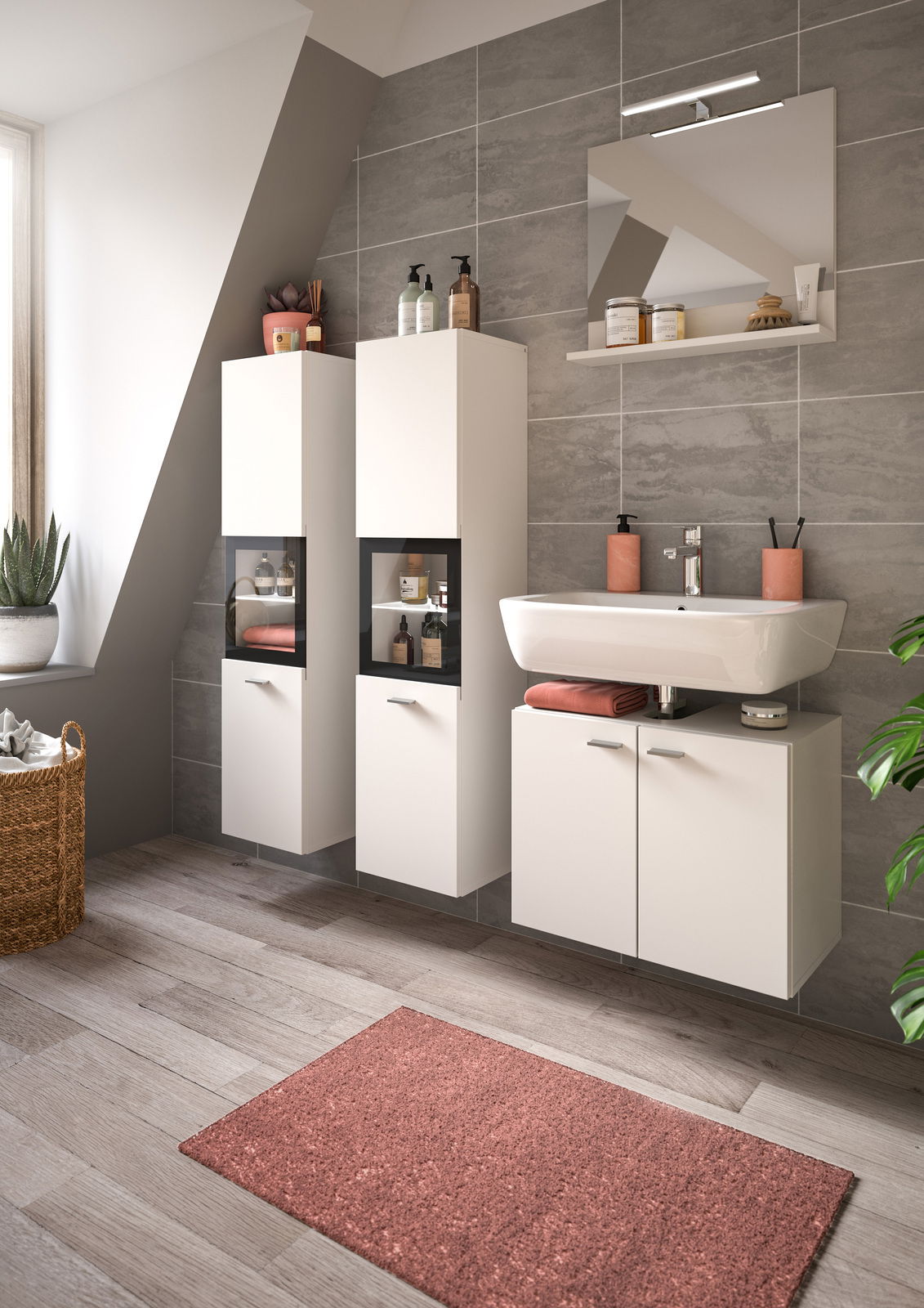 Moderner Badschrank BOSTON in einem stilvollen Badezimmer, seitliche Perspektive