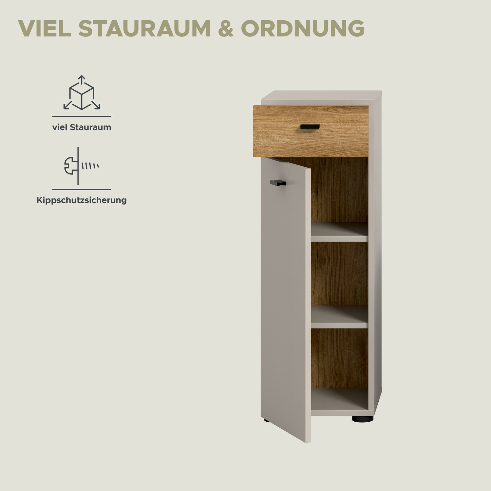 Schmaler Badezimmerschrank in Weiß mit Holzoptik-Front, geöffneter Tür und Schublade, Innenfächer sichtbar; Perspektive: leicht seitliche Frontansicht.
