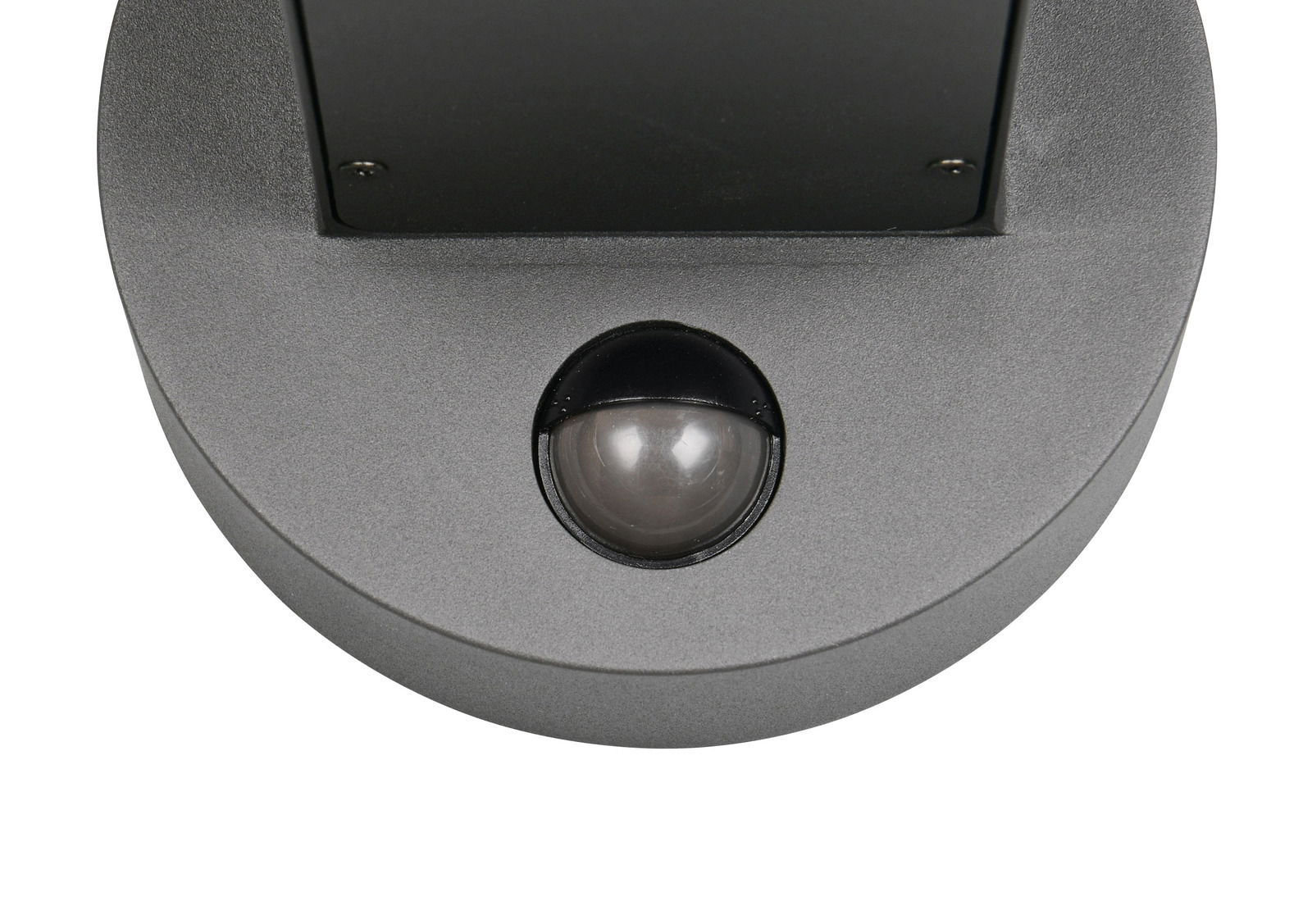 Nahaufnahme einer LED-Außenwandleuchte mit rundem Sensor, von vorne betrachtet.