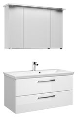 Moderner weißer Badblock mit Spiegelschrank und Waschbecken, seitliche Perspektive