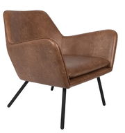 Moderner brauner Ledersessel mit schwarzen Metallbeinen, seitliche Perspektive