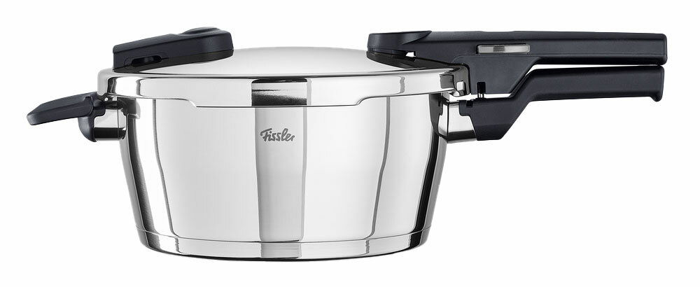 Fissler Schnellkochtopf VITAQUICK Schnellkochtopf aus Edelstahl, seitliche Ansicht mit schwarzem Griff