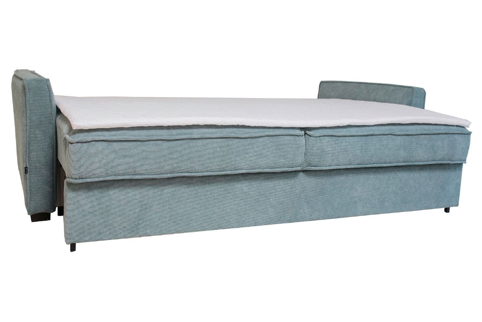 Funktionssofa in hellblauem Stoffbezug, seitliche Perspektive