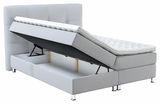 Boxbett mit Stauraum, seitliche Perspektive, hellgrau gepolstert, mit hochgeklappter Matratze