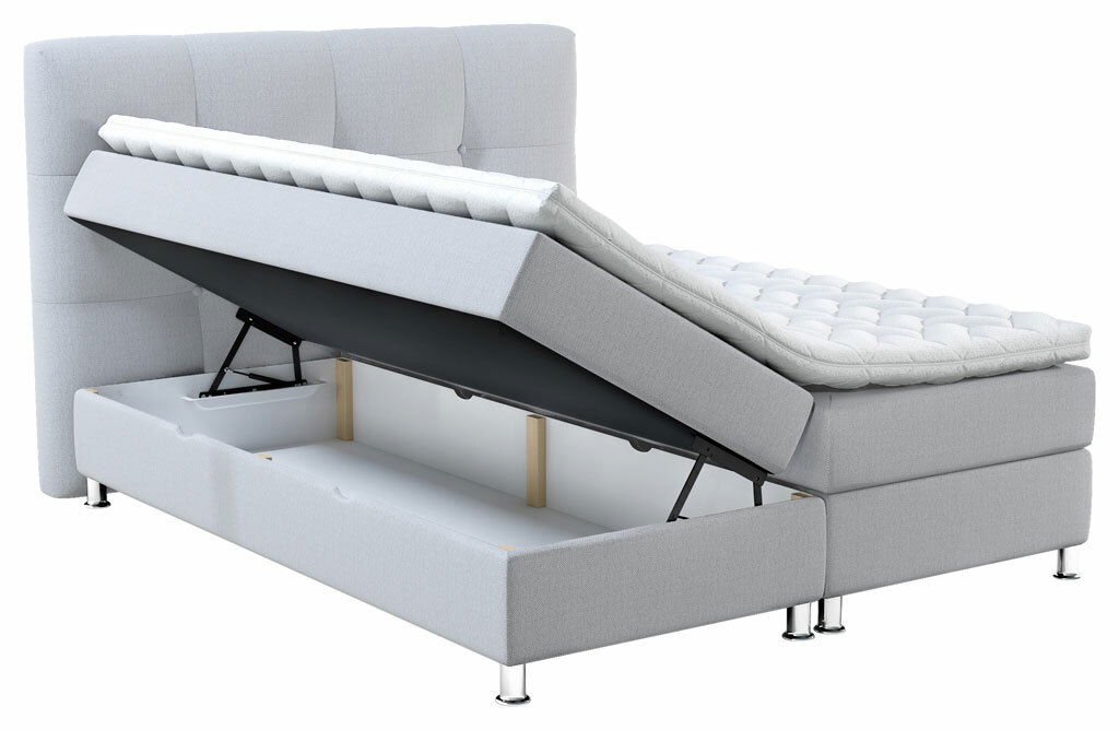 Boxbett mit Stauraum, seitliche Perspektive, hellgrau gepolstert, mit hochgeklappter Matratze