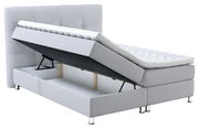 Boxbett mit Stauraum, seitliche Perspektive, hellgrau gepolstert, mit hochgeklappter Matratze
