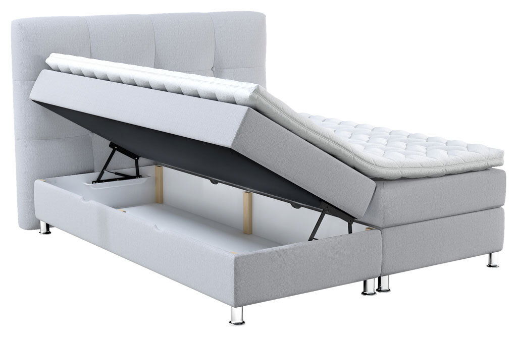 Boxbett mit Stauraum, seitliche Perspektive, hellgrau gepolstert, mit hochgeklappter Matratze