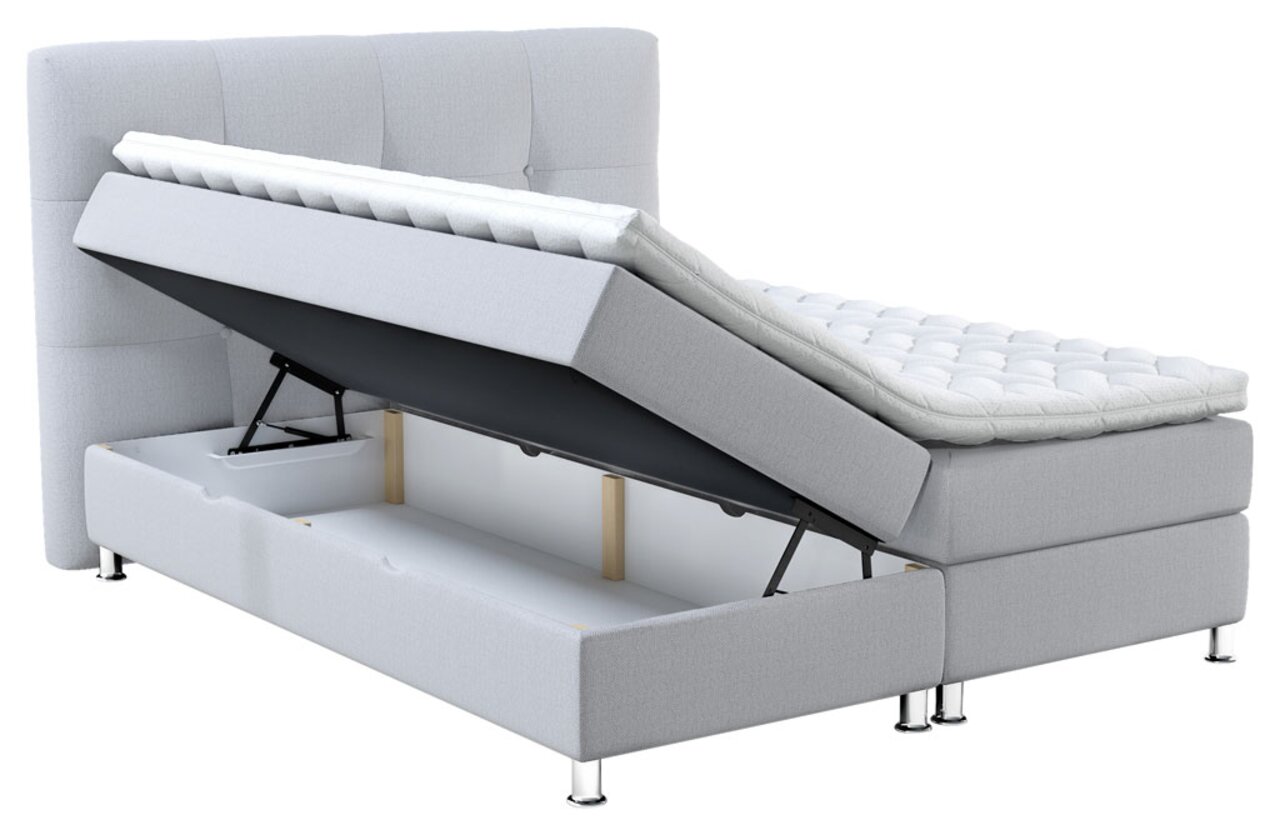 Boxbed met opbergruimte, zijaanzicht, lichtgrijs gestoffeerd, met opgevouwen matras