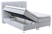 Boxbed met opbergruimte, zijaanzicht, lichtgrijs gestoffeerd, met opgevouwen matras