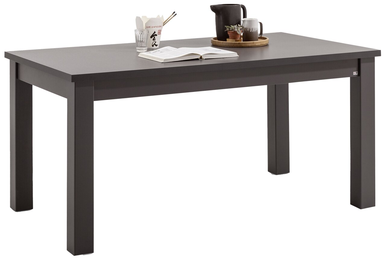 Set one by Musterring Esstisch TACOMA Moderner grauer Esstisch aus Holz, seitliche Perspektive, dekoriert mit Geschirr und Pflanzen.