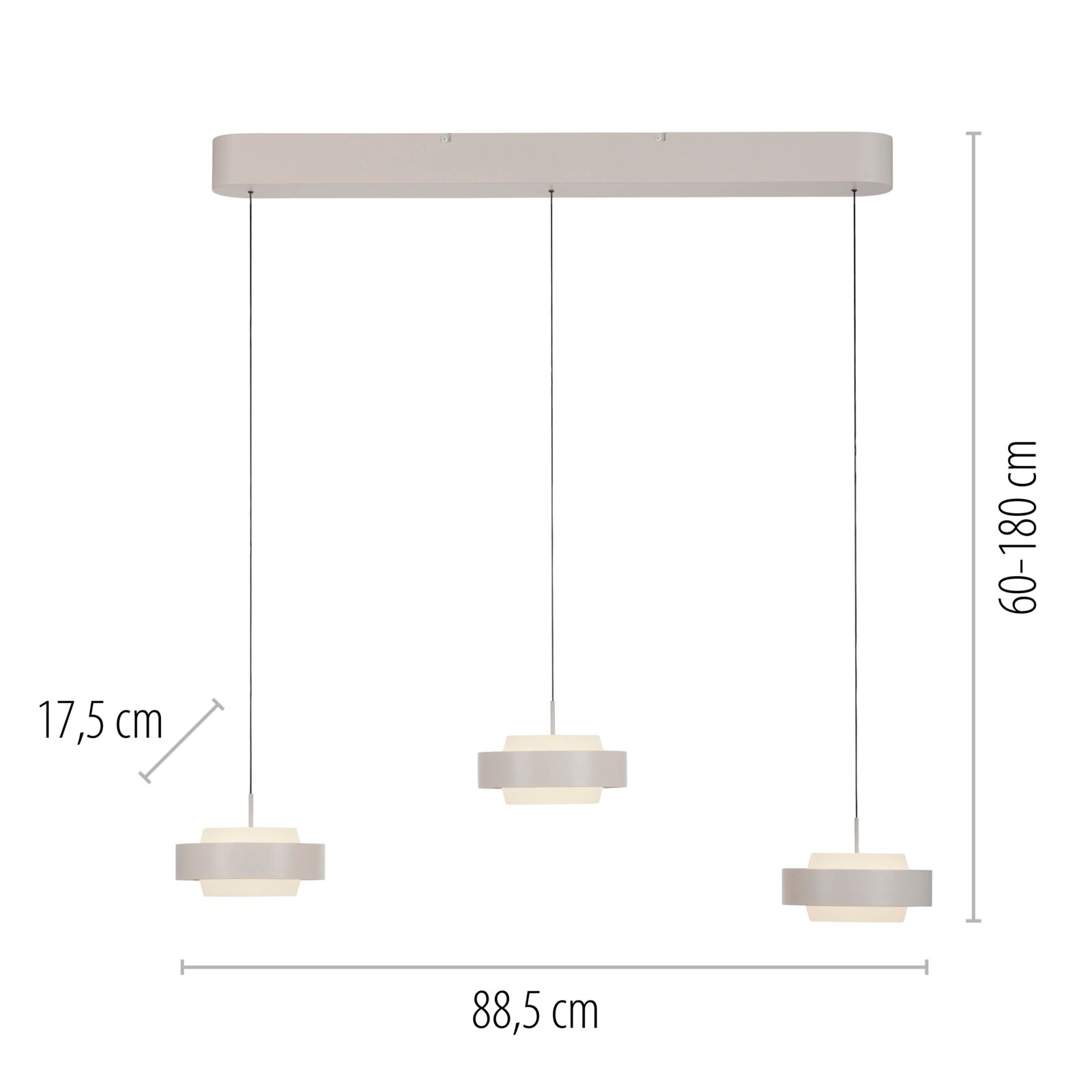 Moderne hanglamp met drie lampen in grijs, voorzien van drie cilindervormige lampenkappen en een langwerpige plafondplaat, totale breedte ca. 88,5 cm, kabellengte in hoogte verstelbaar van 60 tot 180 cm, vooraanzicht.