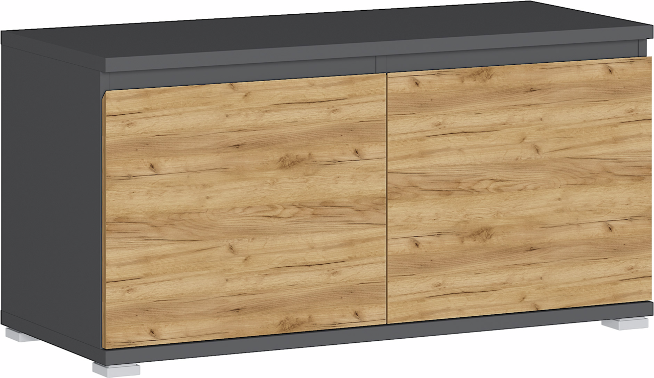 Schuhbank mit Holzoptik und grauem Rahmen, Frontansicht