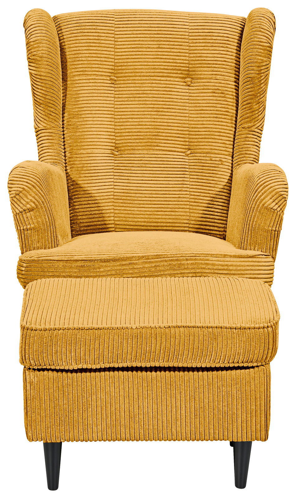 Gelber Sessel mit geripptem Stoff, Frontalansicht