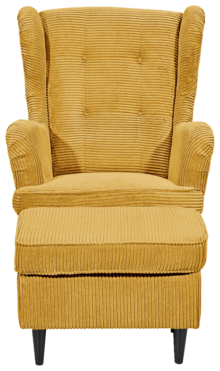 Gelber Sessel mit geripptem Stoff, Frontalansicht