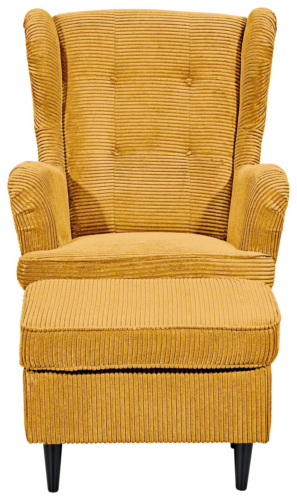 Gelber Sessel mit geripptem Stoff, Frontalansicht