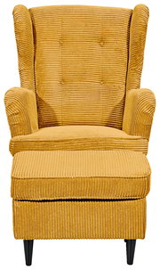 Gelber Sessel mit geripptem Stoff, Frontalansicht