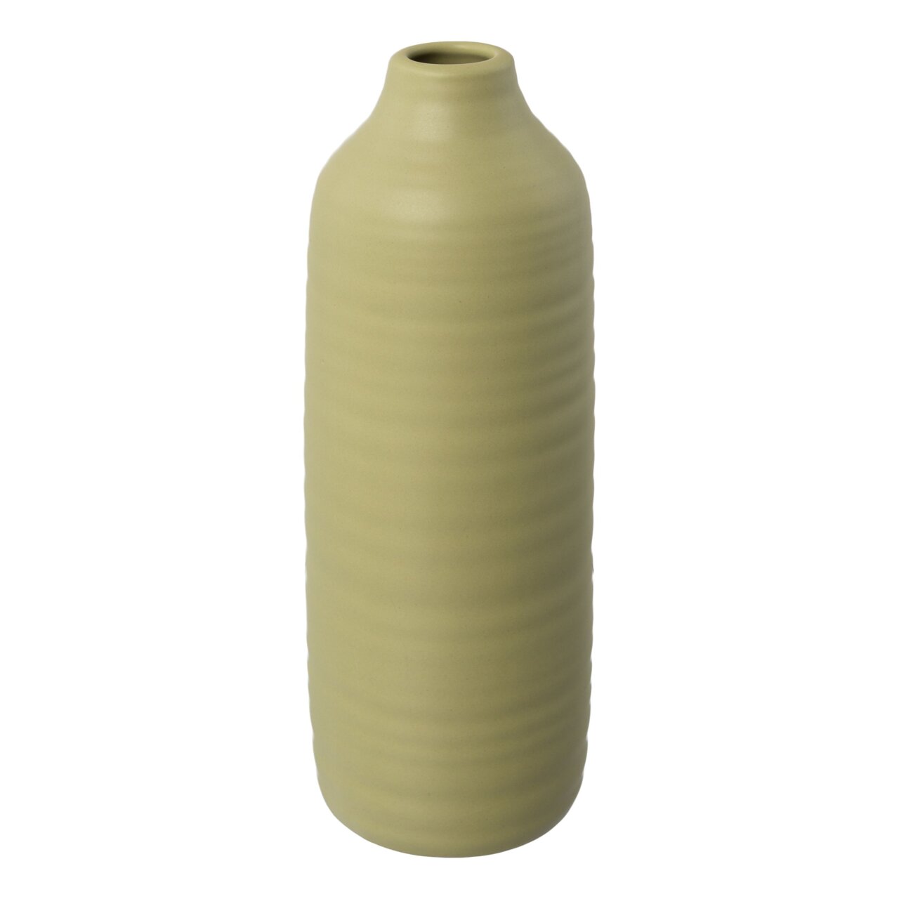 Keramik Vase PRESENCE in zylindrischer Form, hellgrün, mit gerippter Oberfläche, seitliche Perspektive
