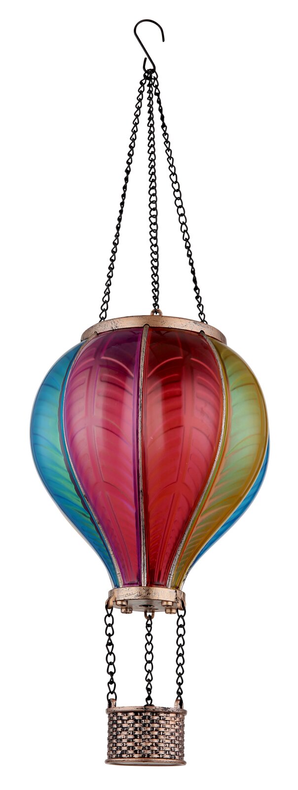 Bunte Solarleuchte in Form eines Heißluftballons, von der Seite betrachtet, mit Kettenaufhängung.