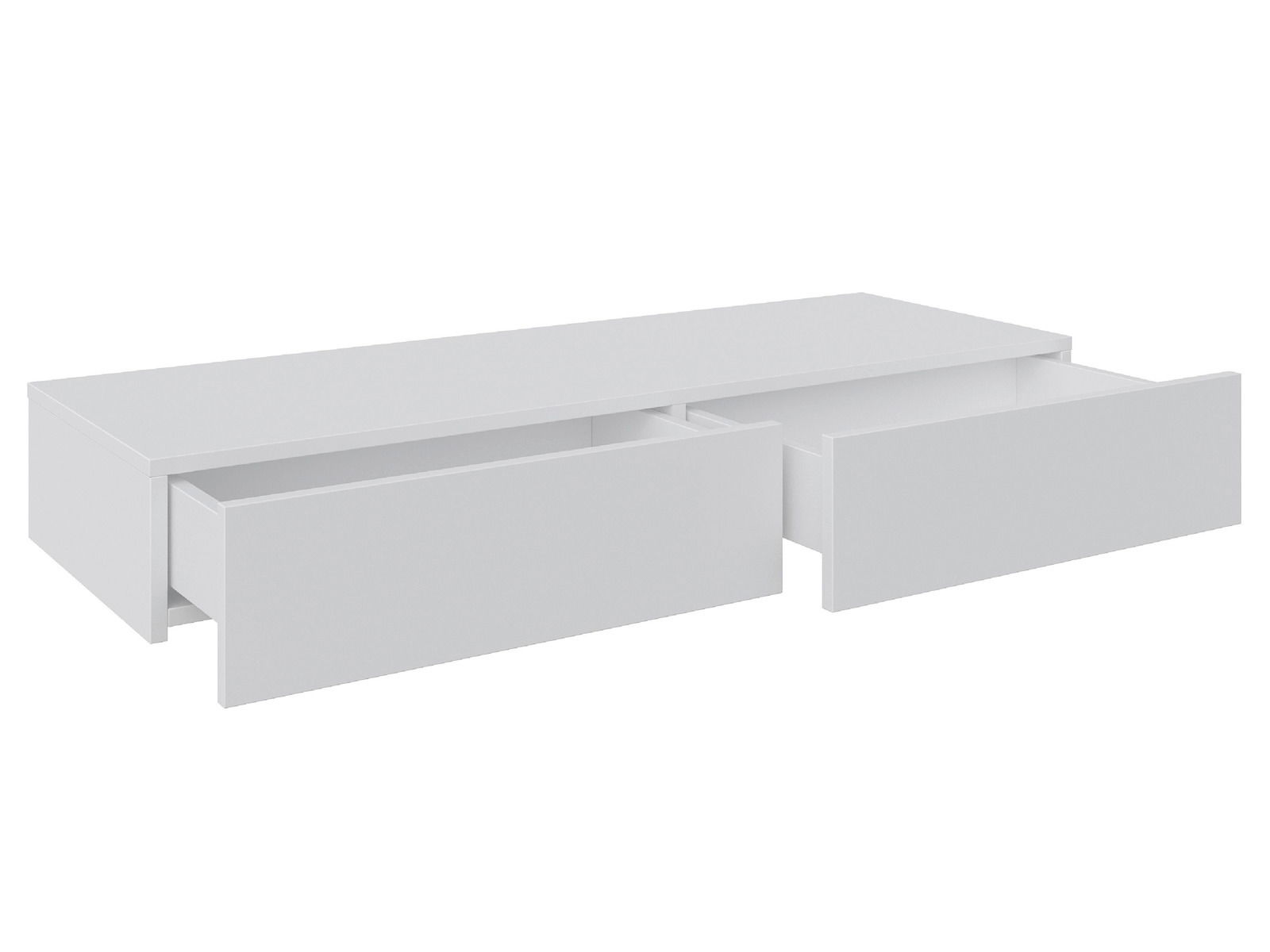 Weiße Wandkonsole mit zwei offenen Schubladen, seitliche Perspektive