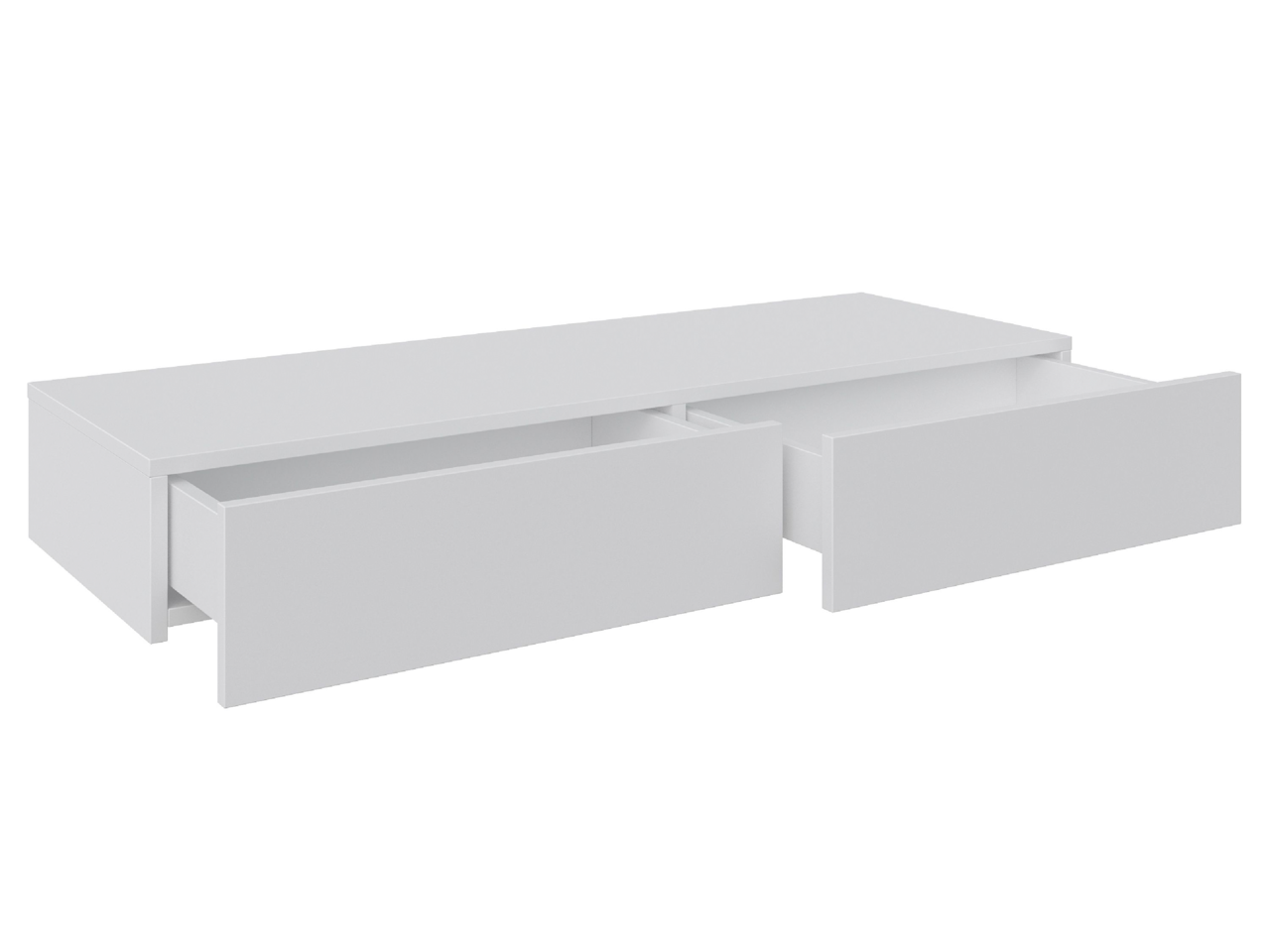 Weiße Wandkonsole mit zwei offenen Schubladen, seitliche Perspektive