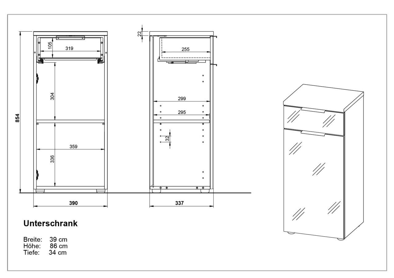 Unterschrank PESCARA mit einer Breite von 39 cm, Höhe von 86 cm und Tiefe von 34 cm, Frontansicht und Seitenansicht.