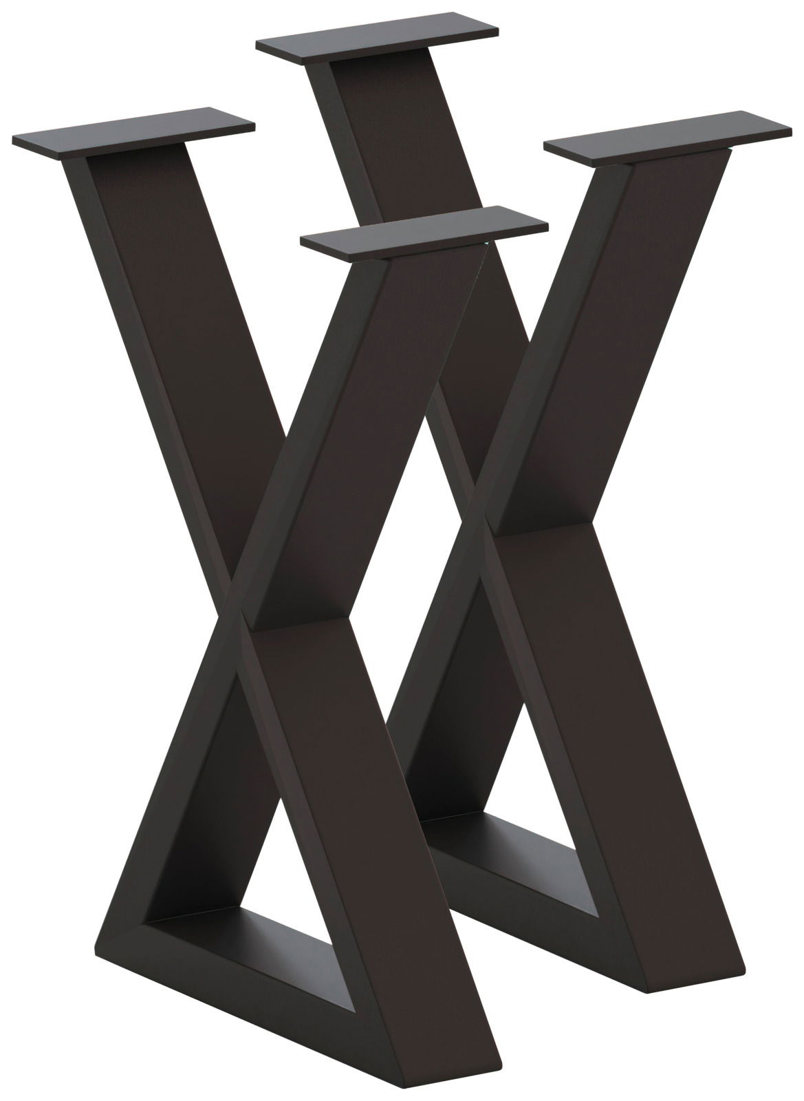 Schwarzes, modernes Bankgestell in X-Form, seitliche Perspektive