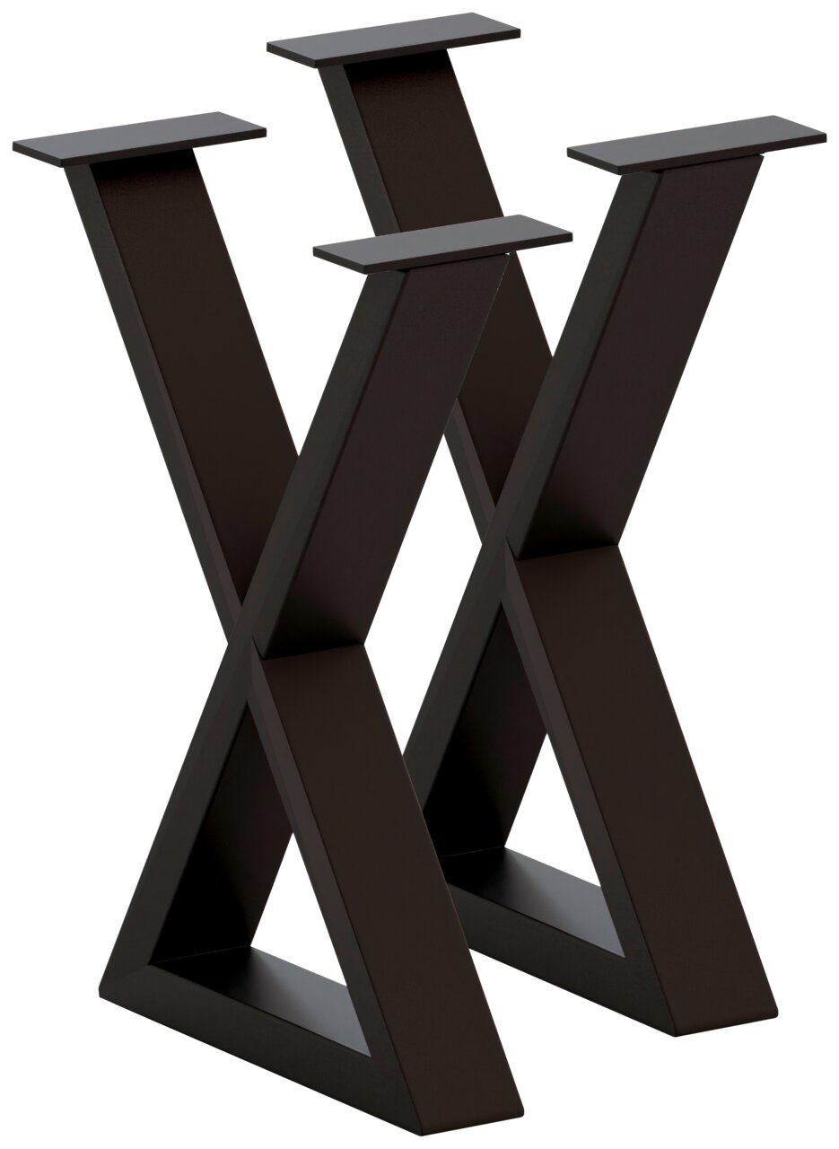 Schwarzes, modernes Bankgestell in X-Form, seitliche Perspektive