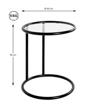 Runder Beistelltisch mit Sicherheitsglasplatte (ESG nach DIN 1249-9), schwarzem Metallgestell, Ø 45 cm und 55 cm Höhe, freigestellt in frontaler Ansicht leicht von oben.