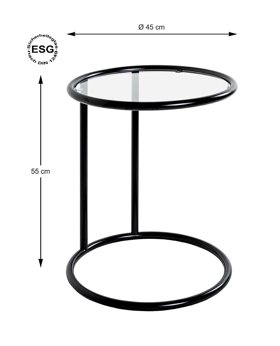 Runder Beistelltisch mit Sicherheitsglasplatte (ESG nach DIN 1249-9), schwarzem Metallgestell, Ø 45 cm und 55 cm Höhe, freigestellt in frontaler Ansicht leicht von oben.