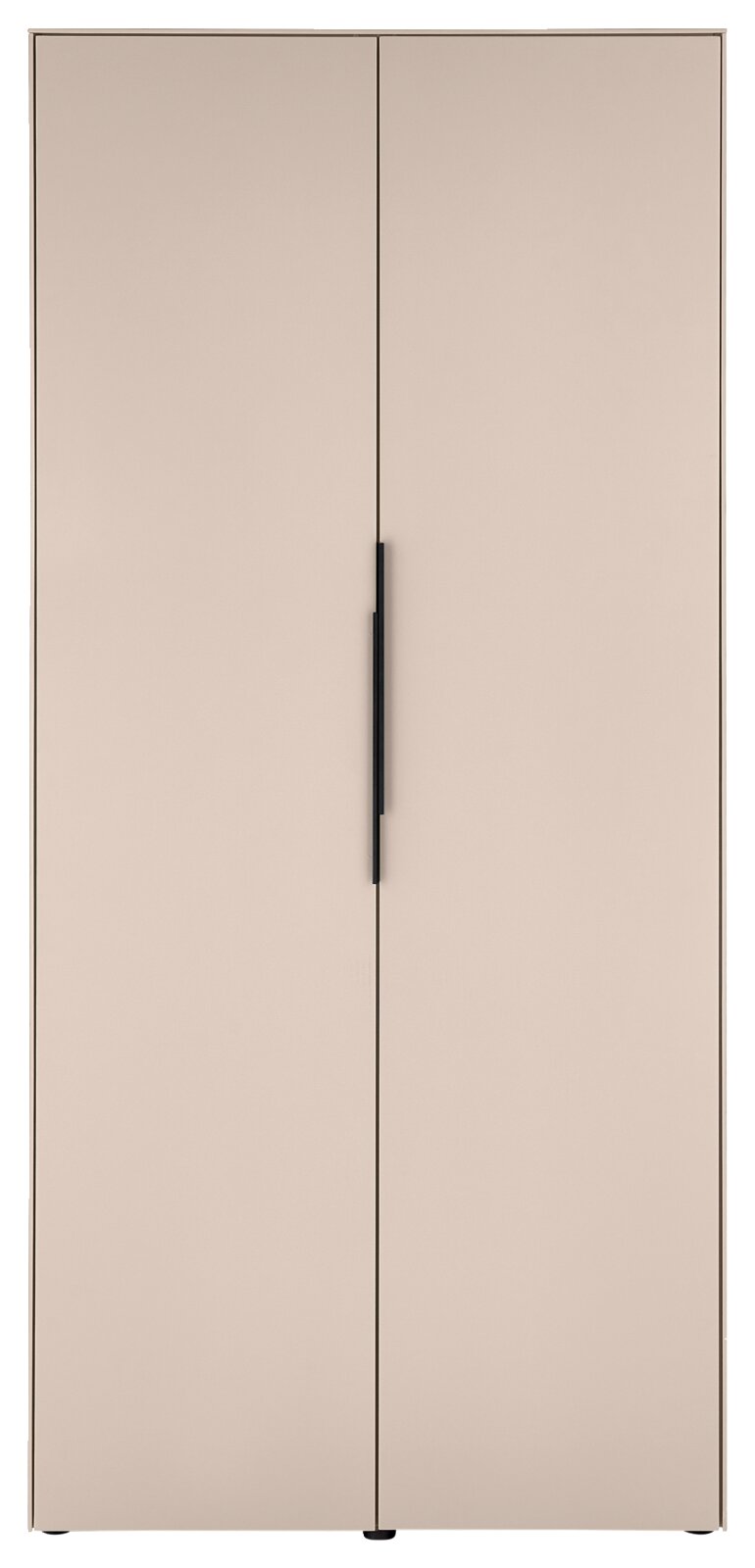 Zweitüriger Kleiderschrank in Beige mit langen schwarzen Griffen, frontale Ansicht