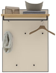 Garderobenpaneel mit Holzablage, Kleiderhaken und Kleiderbügel, frontal betrachtet.