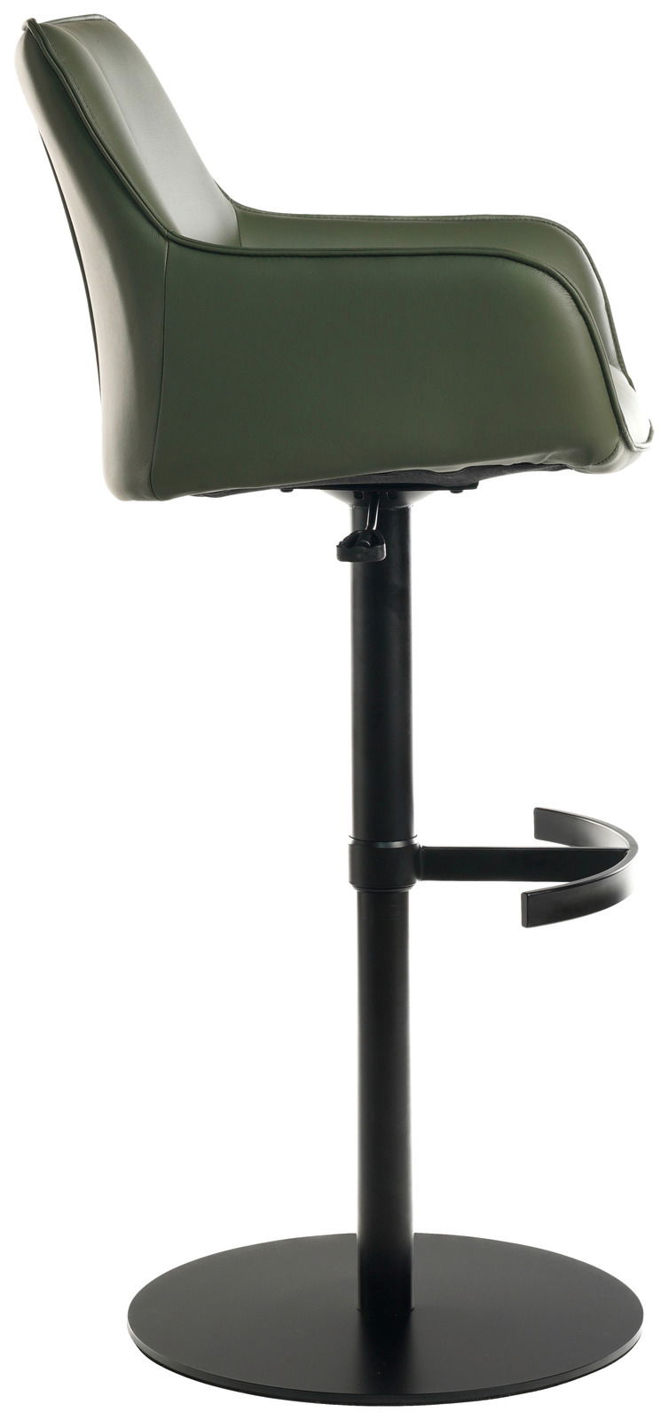 Moderner Barhocker in Olivgrün, seitliche Ansicht