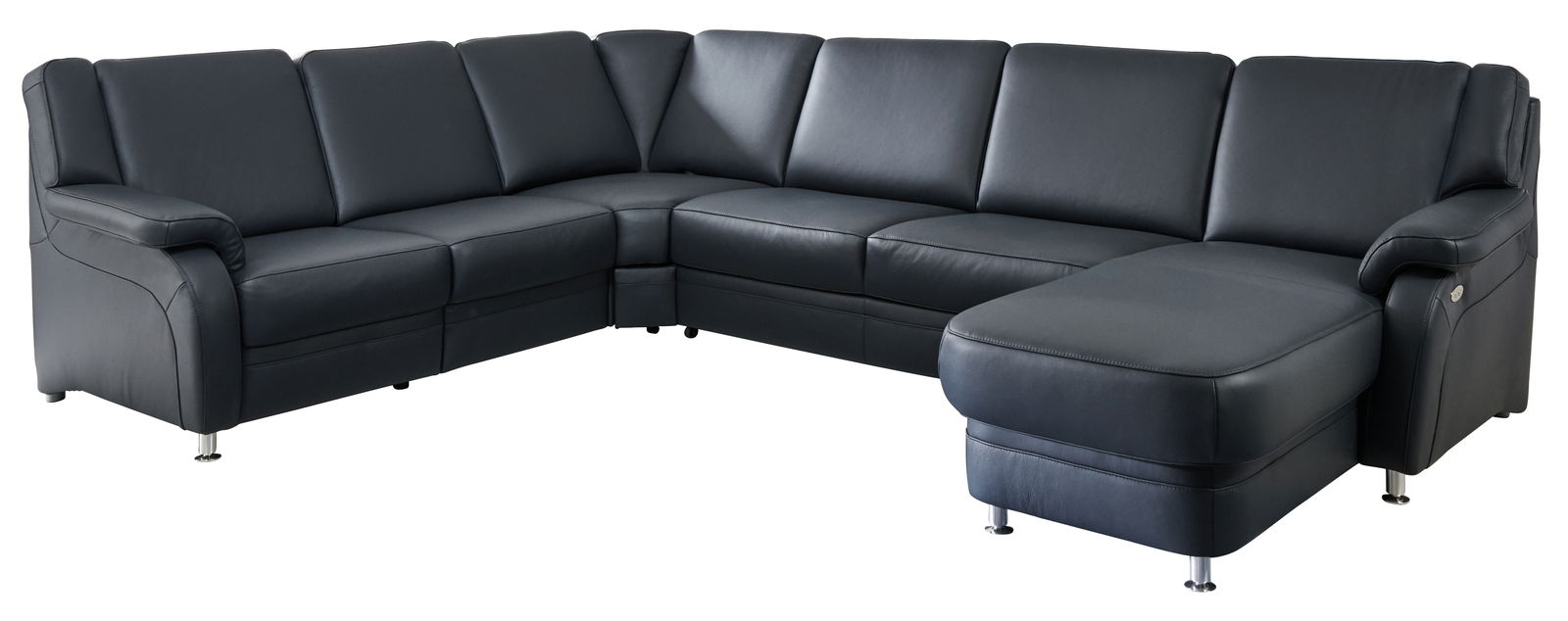 Ecksofa in dunklem Leder mit moderner, eleganter Optik, Perspektive von vorne rechts