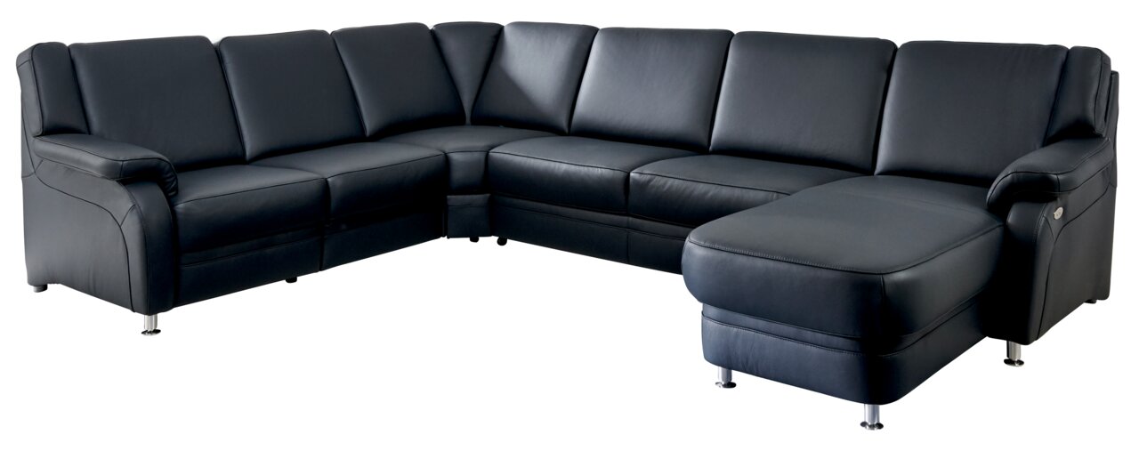 Ecksofa in dunklem Leder mit moderner, eleganter Optik, Perspektive von vorne rechts