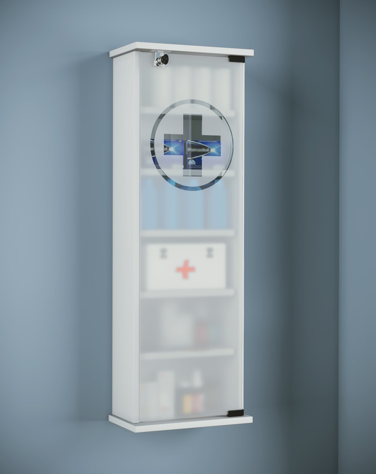 Weißer, wandmontierter Medizinschrank/Apothekenschrank mit mattierter Glastür und rundem Kreuz-Symbol, seitliche Frontansicht leicht von links (3/4-Perspektive)