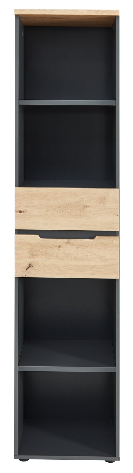 Schmales Regal Voleo Detroit in Frontansicht mit dunklen und holzfarbenen Elementen.