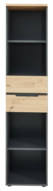 Schmales Regal Voleo Detroit in Frontansicht mit dunklen und holzfarbenen Elementen.