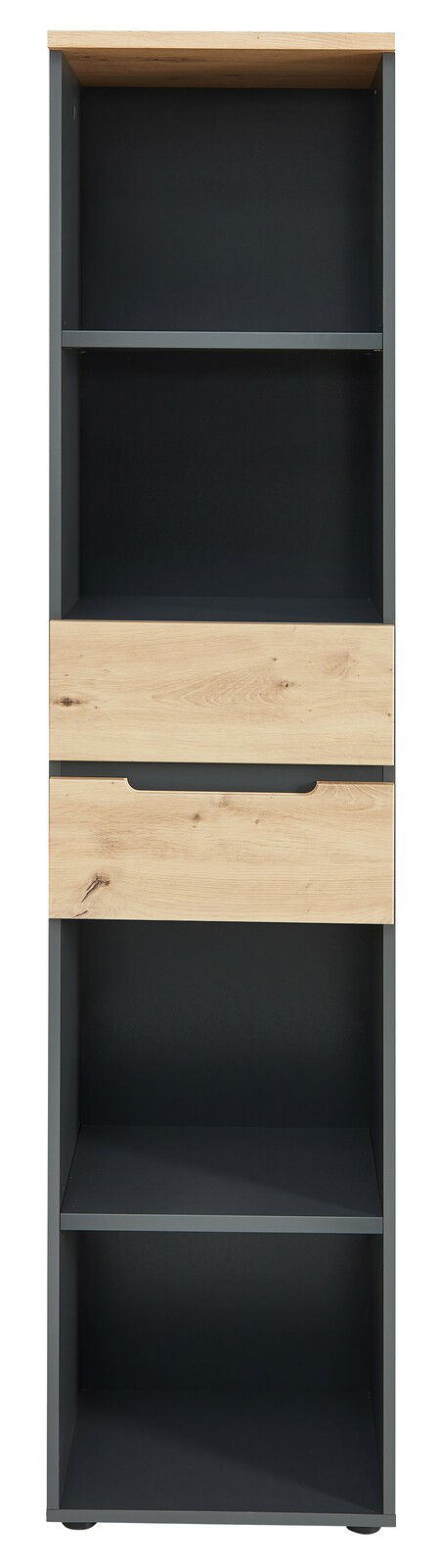 Schmales Regal Voleo Detroit in Frontansicht mit dunklen und holzfarbenen Elementen.