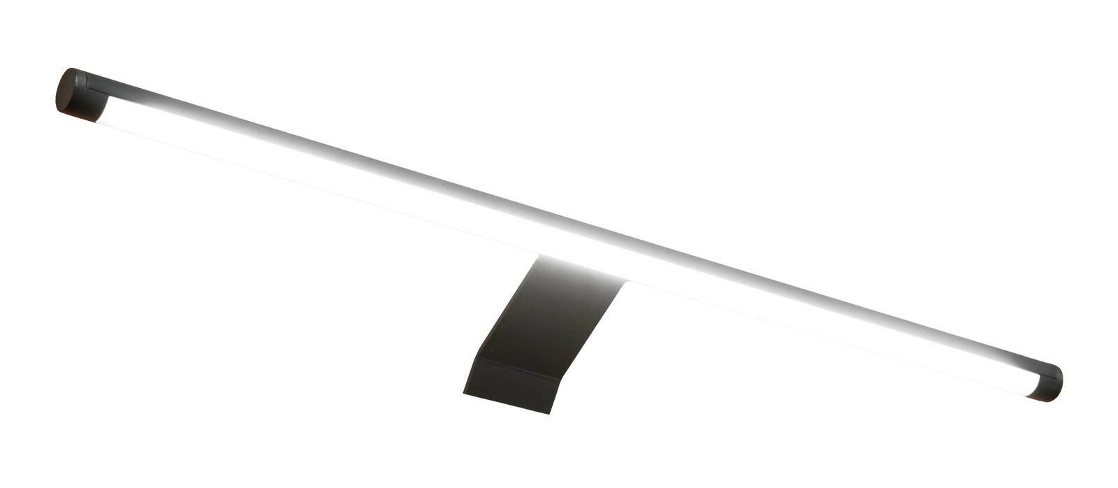 LED-Schrankbeleuchtung in seitlicher Perspektive, modernes Design mit schwarzer Halterung.