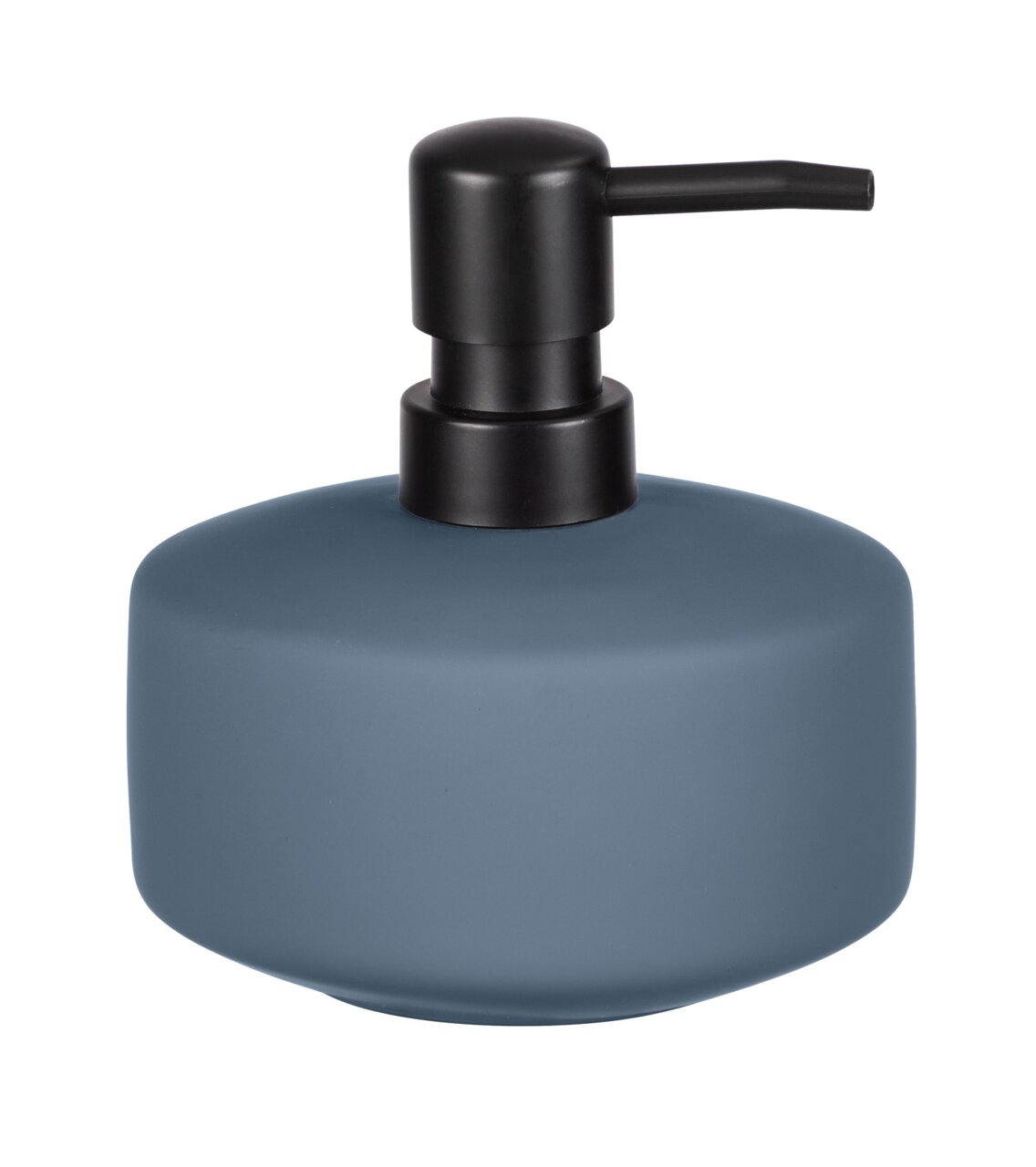 Wenko Seifenspender AVELLINO Keramik Seifenspender Avellino in mattem Blau mit schwarzem Pumpkopf, seitliche Perspektive