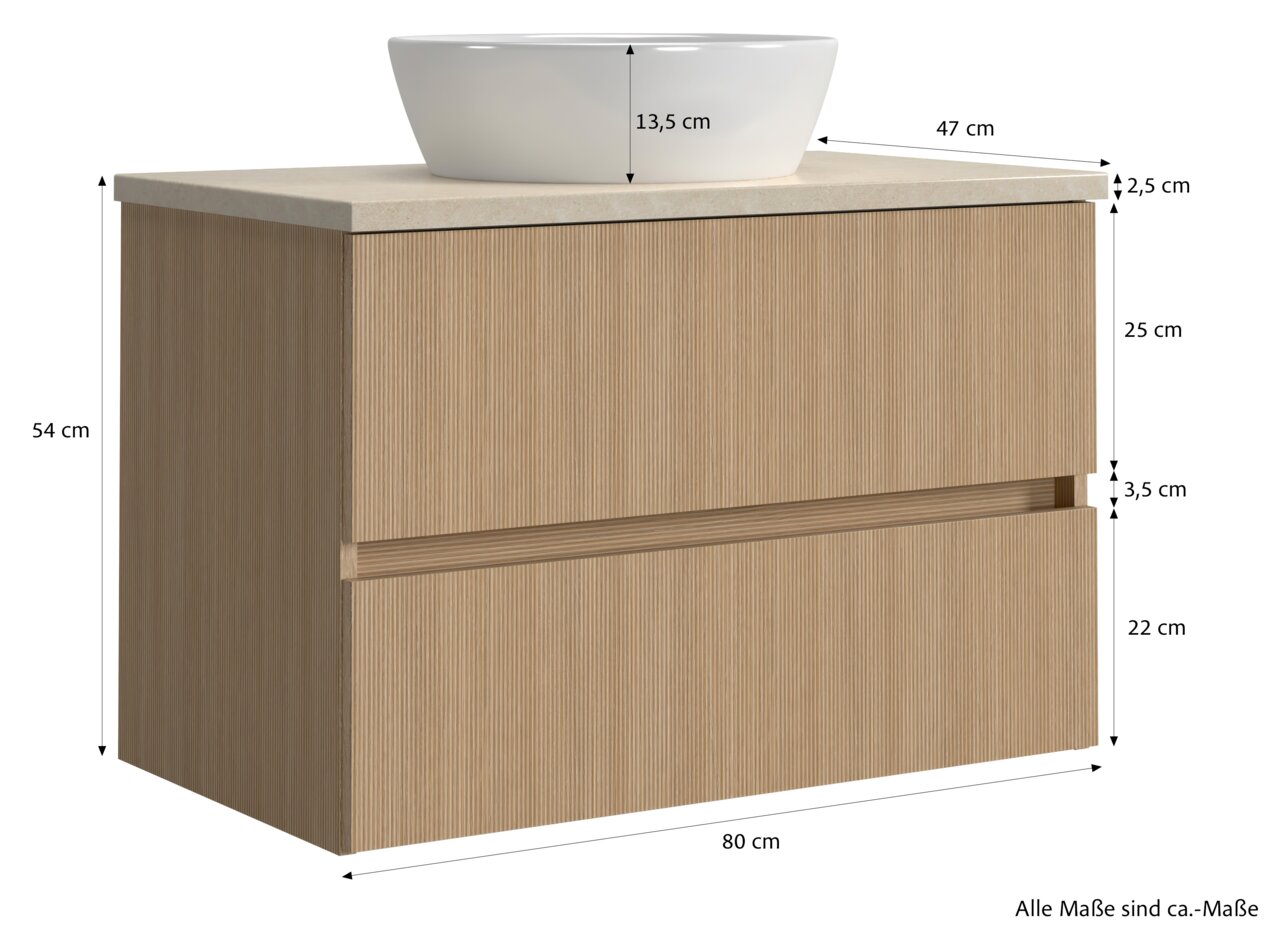 Waschtisch-Set mit Holzoptik, bestehend aus einem Unterschrank mit zwei Schubladen und einem weißen Aufsatzwaschbecken, seitliche Perspektive