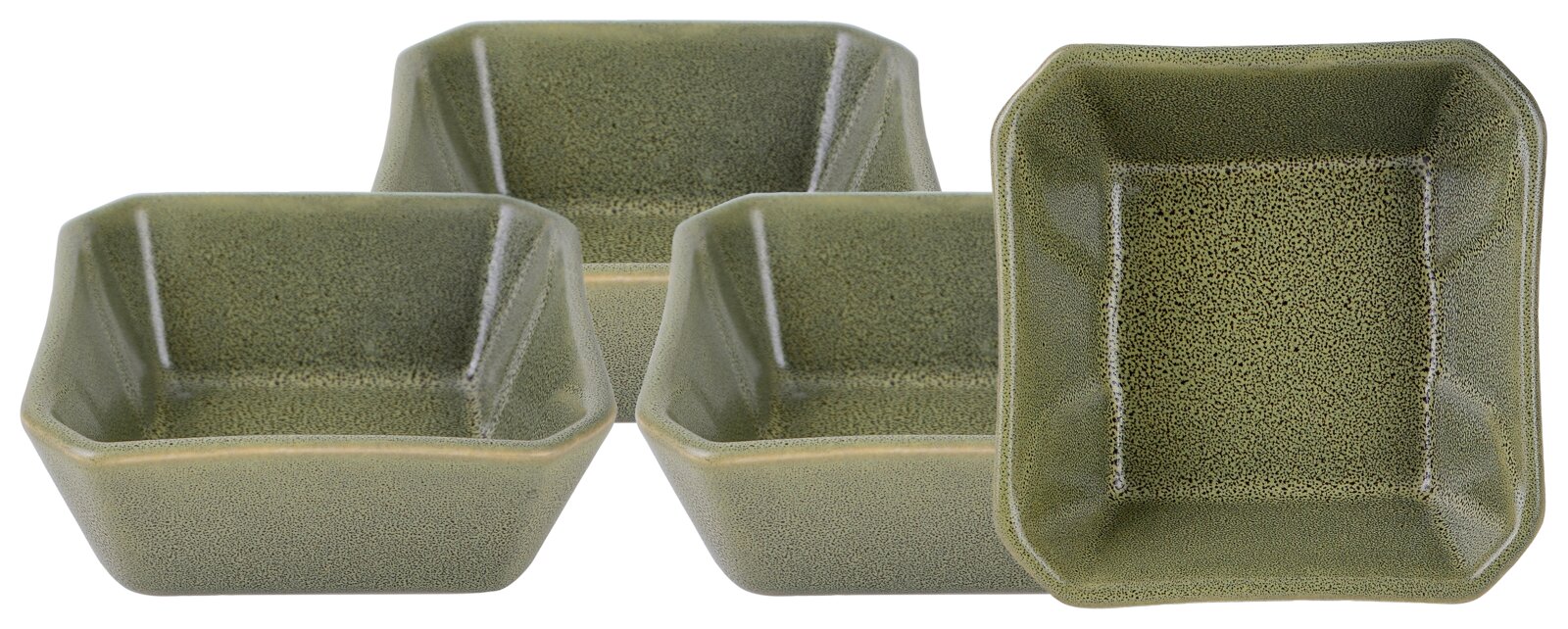 Creatable Dip Bowl 4-tlg STREET FOOD Vier quadratische Keramikschalen in gesprenkeltem Olivgrün, eine Schale frontal von oben in Draufsicht, drei Schalen dahinter in leichter Schrägansicht auf weißem Hintergrund.