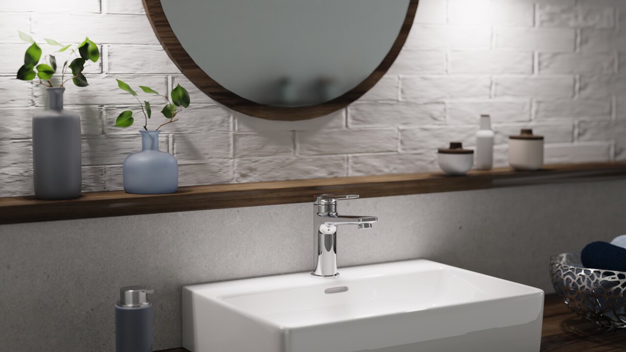 Moderne Waschtischarmatur in einem stilvollen Badezimmer, seitliche Perspektive