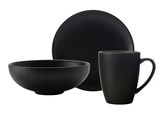 Schwarzes dreiteiliges Starter-Set bestehend aus einer Schale, einem Teller und einer Tasse, frontal abgebildet.